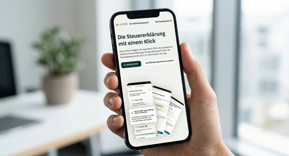 Hand hält Smartphone mit geöffneter MeinELSTER+-App, die eine vorausgefüllte Steuererklärung und Abgabe per Klick zeigt, im hellen Bürohintergrund.
